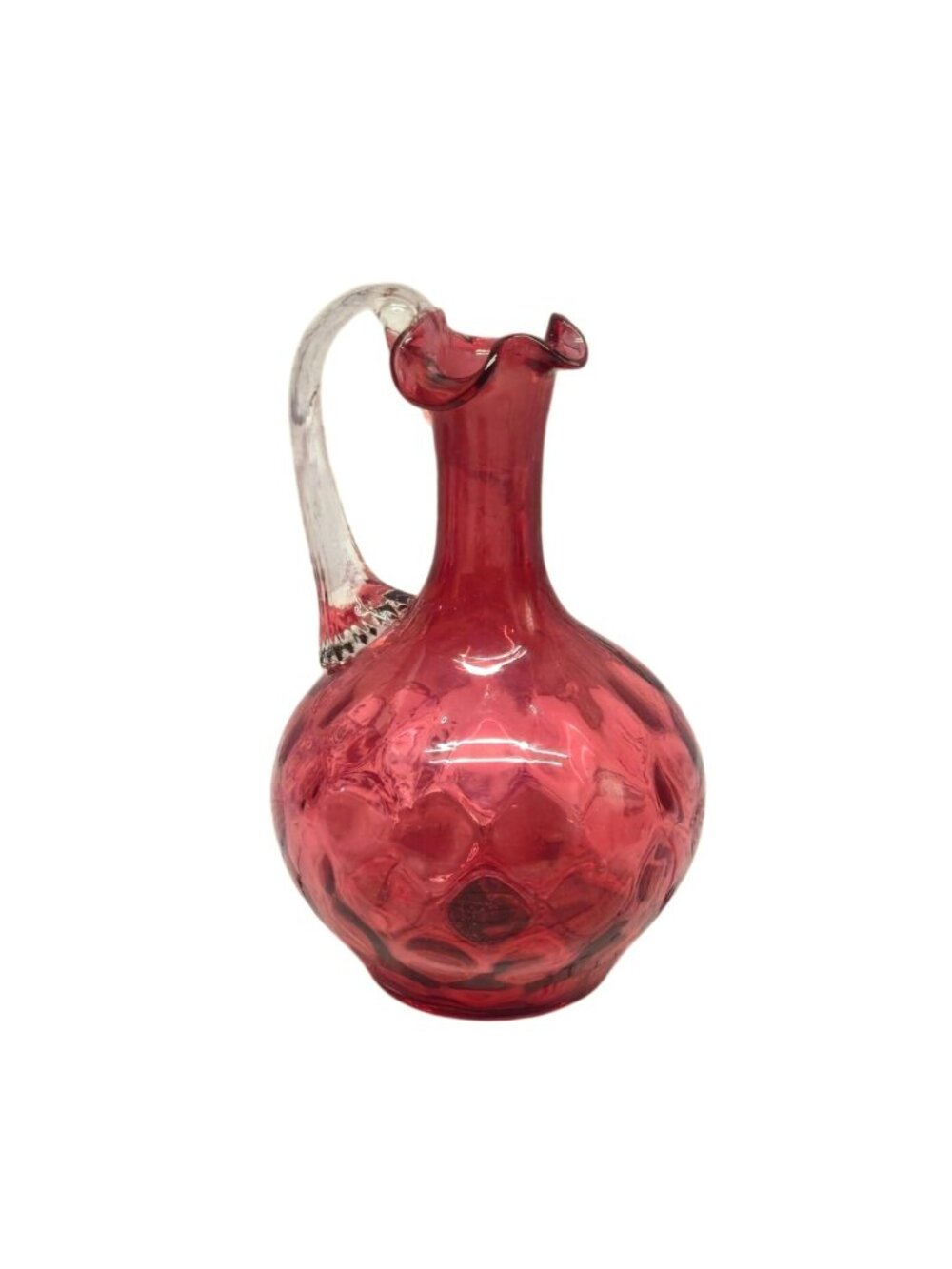Vintage Cranberry Glass Cruet Thumbprint pattern Ruffled Top Red Art mini vase